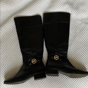 Michael Kors Black Leather Riding Boots w/ Gold MK Hardware size 8